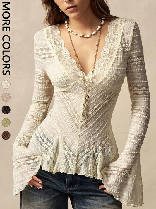 Women'S Wave Lace Trim V-Neck Shirt, Long Flared Sleeve Sheer Texture Ruffle Dress Top, Boho Vintage Elegant Layering Blouse, Perfect for Dates, Brunch, Streetwear, Vacation, Casual
