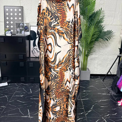 Women Printed Satin Abaya Set, Loose Batwing Sleeve Maxi Dress with Matching Long Scarf, Muslim Hijab Outfit, Islamic Dubai Kaftan for Party Daily Wear