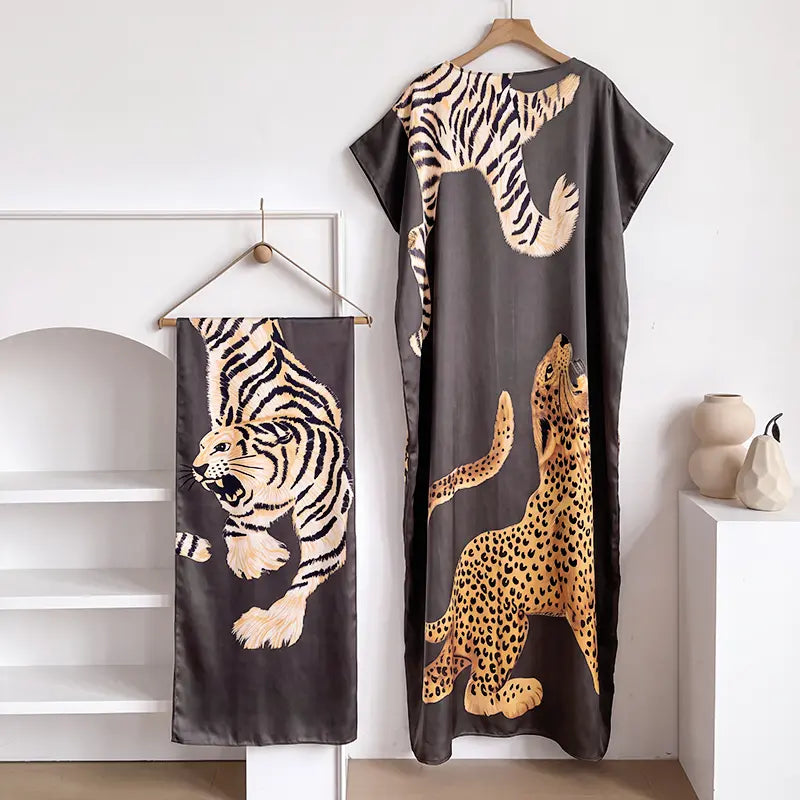 Women Printed Satin Abaya Set, Loose Batwing Sleeve Maxi Dress with Matching Long Scarf, Muslim Hijab Outfit, Islamic Dubai Kaftan for Party Daily Wear