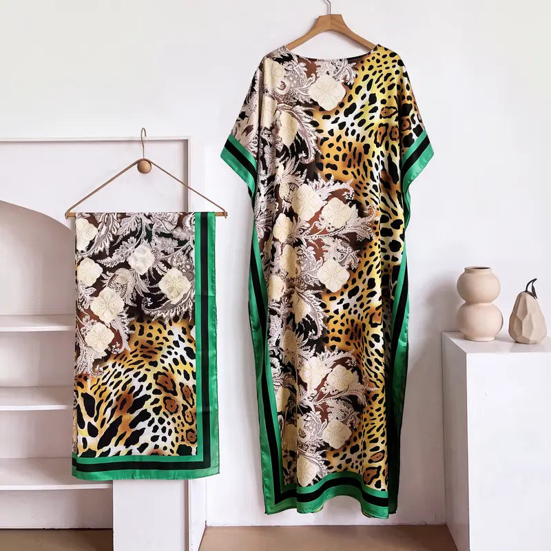 Women Printed Satin Abaya Set, Loose Batwing Sleeve Maxi Dress with Matching Long Scarf, Muslim Hijab Outfit, Islamic Dubai Kaftan for Party Daily Wear