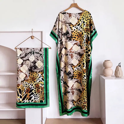 Women Printed Satin Abaya Set, Loose Batwing Sleeve Maxi Dress with Matching Long Scarf, Muslim Hijab Outfit, Islamic Dubai Kaftan for Party Daily Wear