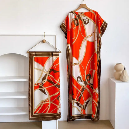 Women Printed Satin Abaya Set, Loose Batwing Sleeve Maxi Dress with Matching Long Scarf, Muslim Hijab Outfit, Islamic Dubai Kaftan for Party Daily Wear
