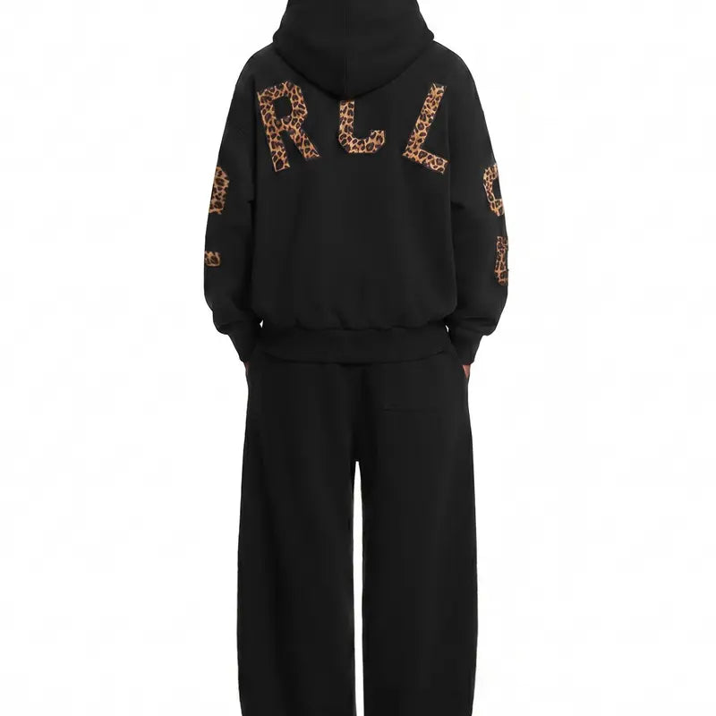 FDR Applique Letter Stand Collar Zip up Jacket & Leopard Panel Faux Two Piece Barrel Sweatpants Set Oversized Y2K Streetwear Unisex