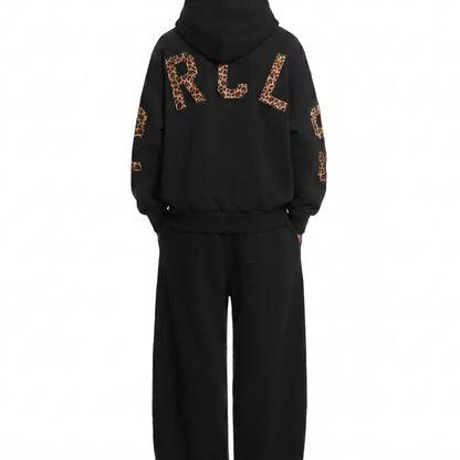 FDR Applique Letter Stand Collar Zip up Jacket & Leopard Panel Faux Two Piece Barrel Sweatpants Set Oversized Y2K Streetwear Unisex