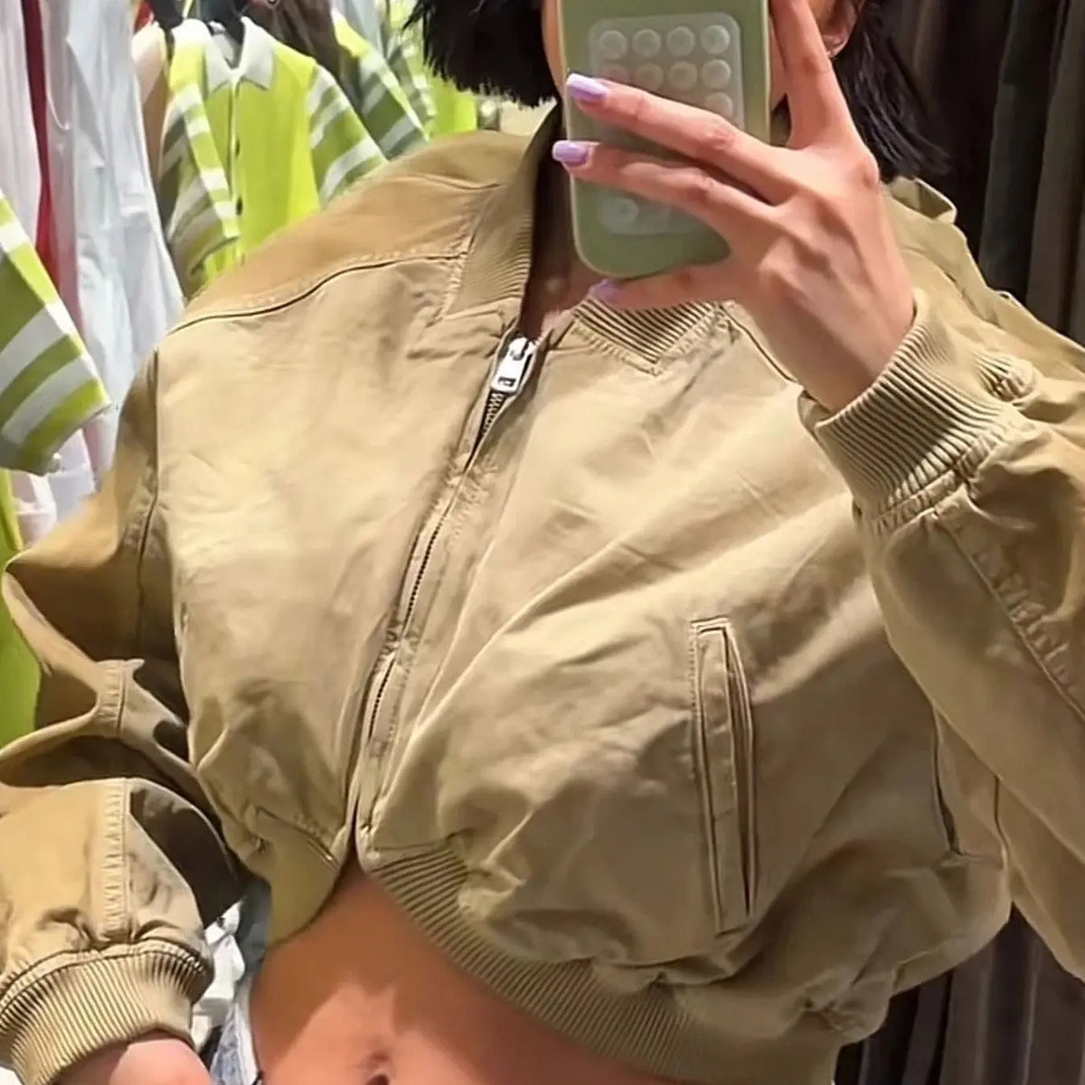 Olive Green Cropped Bomber Jacket for Women - Vintage Style Casual Outerwear with Ribbed Collar, Cuffs, Full Zip, and Side Pockets for Daily Streetwear Layering