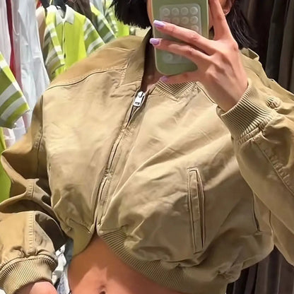 Olive Green Cropped Bomber Jacket for Women - Vintage Style Casual Outerwear with Ribbed Collar, Cuffs, Full Zip, and Side Pockets for Daily Streetwear Layering