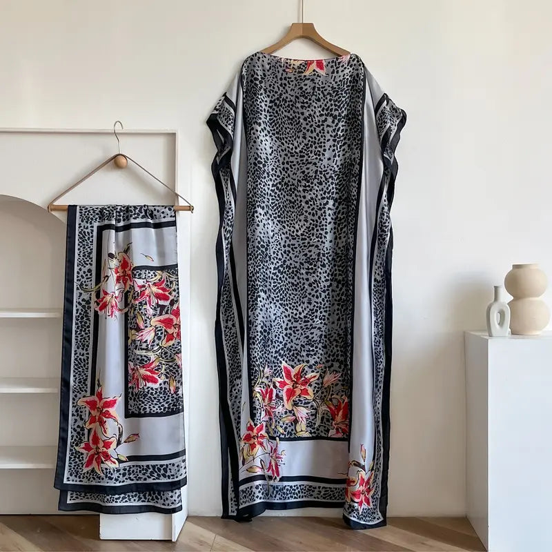 Women Printed Satin Abaya Set, Loose Batwing Sleeve Maxi Dress with Matching Long Scarf, Muslim Hijab Outfit, Islamic Dubai Kaftan for Party Daily Wear