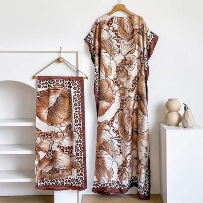 Women Printed Satin Abaya Set, Loose Batwing Sleeve Maxi Dress with Matching Long Scarf, Muslim Hijab Outfit, Islamic Dubai Kaftan for Party Daily Wear