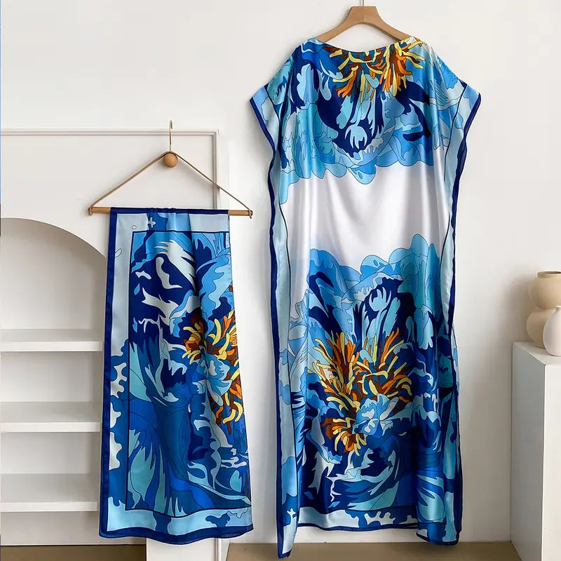 Women Printed Satin Abaya Set, Loose Batwing Sleeve Maxi Dress with Matching Long Scarf, Muslim Hijab Outfit, Islamic Dubai Kaftan for Party Daily Wear