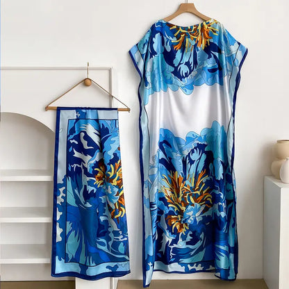 Women Printed Satin Abaya Set, Loose Batwing Sleeve Maxi Dress with Matching Long Scarf, Muslim Hijab Outfit, Islamic Dubai Kaftan for Party Daily Wear