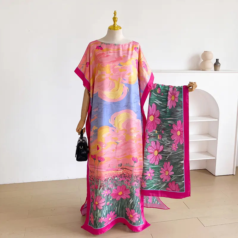 Women Printed Satin Abaya Set, Loose Batwing Sleeve Maxi Dress with Matching Long Scarf, Muslim Hijab Outfit, Islamic Dubai Kaftan for Party Daily Wear