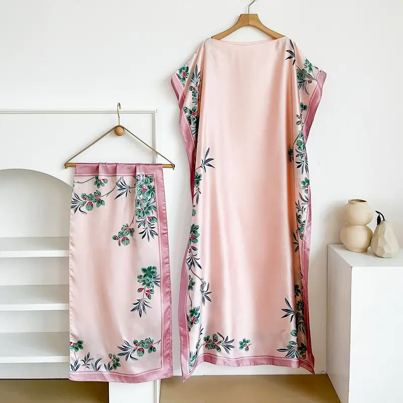 Women Printed Satin Abaya Set, Loose Batwing Sleeve Maxi Dress with Matching Long Scarf, Muslim Hijab Outfit, Islamic Dubai Kaftan for Party Daily Wear