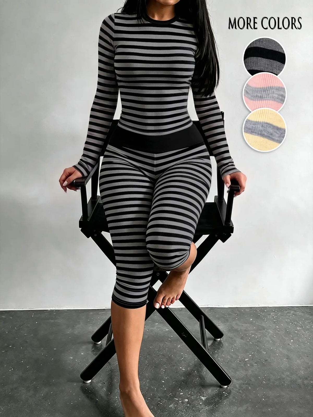 Yellow Grey Striped Two Piece Loungewear Set Crew Neck Short Sleeve Slim Crop Top High Waist Capri Leggings Stretch Fitted Matching Outfit Ideal for Home Relaxation Gym Training Grocery Runs and Casual Everyday All Season Comfy Outfits Stretchy Multicolor