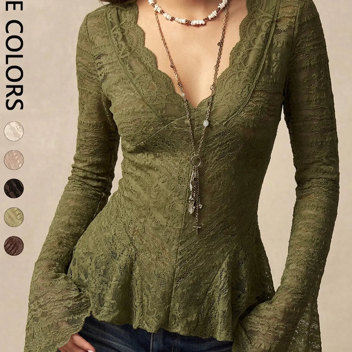 Women'S Wave Lace Trim V-Neck Shirt, Long Flared Sleeve Sheer Texture Ruffle Dress Top, Boho Vintage Elegant Layering Blouse, Perfect for Dates, Brunch, Streetwear, Vacation, Casual