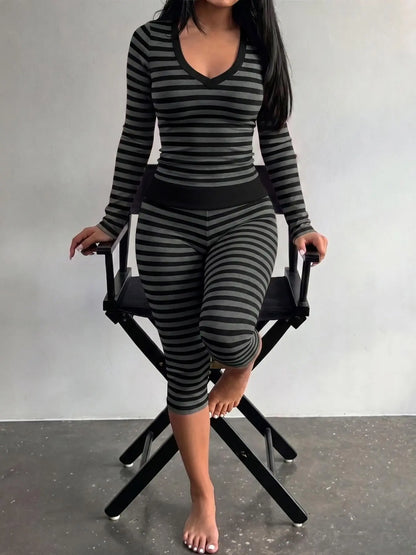 Yellow Grey Striped Two Piece Loungewear Set Crew Neck Short Sleeve Slim Crop Top High Waist Capri Leggings Stretch Fitted Matching Outfit Ideal for Home Relaxation Gym Training Grocery Runs and Casual Everyday All Season Comfy Outfits Stretchy Multicolor