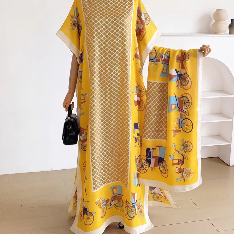 Women Printed Satin Abaya Set, Loose Batwing Sleeve Maxi Dress with Matching Long Scarf, Muslim Hijab Outfit, Islamic Dubai Kaftan for Party Daily Wear