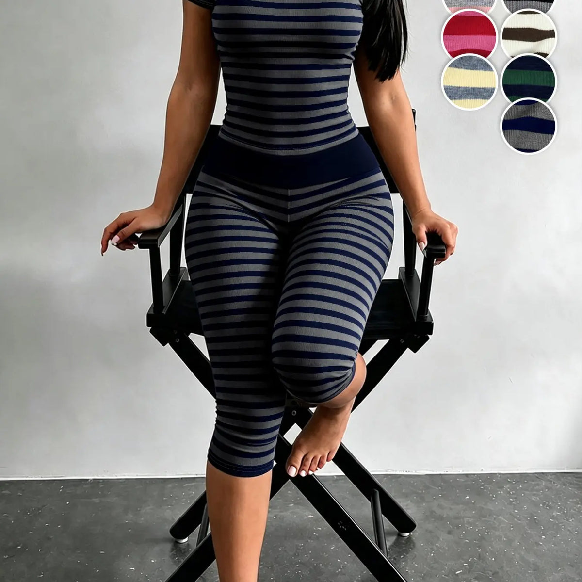 Yellow Grey Striped Two Piece Loungewear Set Crew Neck Short Sleeve Slim Crop Top High Waist Capri Leggings Stretch Fitted Matching Outfit Ideal for Home Relaxation Gym Training Grocery Runs and Casual Everyday All Season Comfy Outfits Stretchy Multicolor