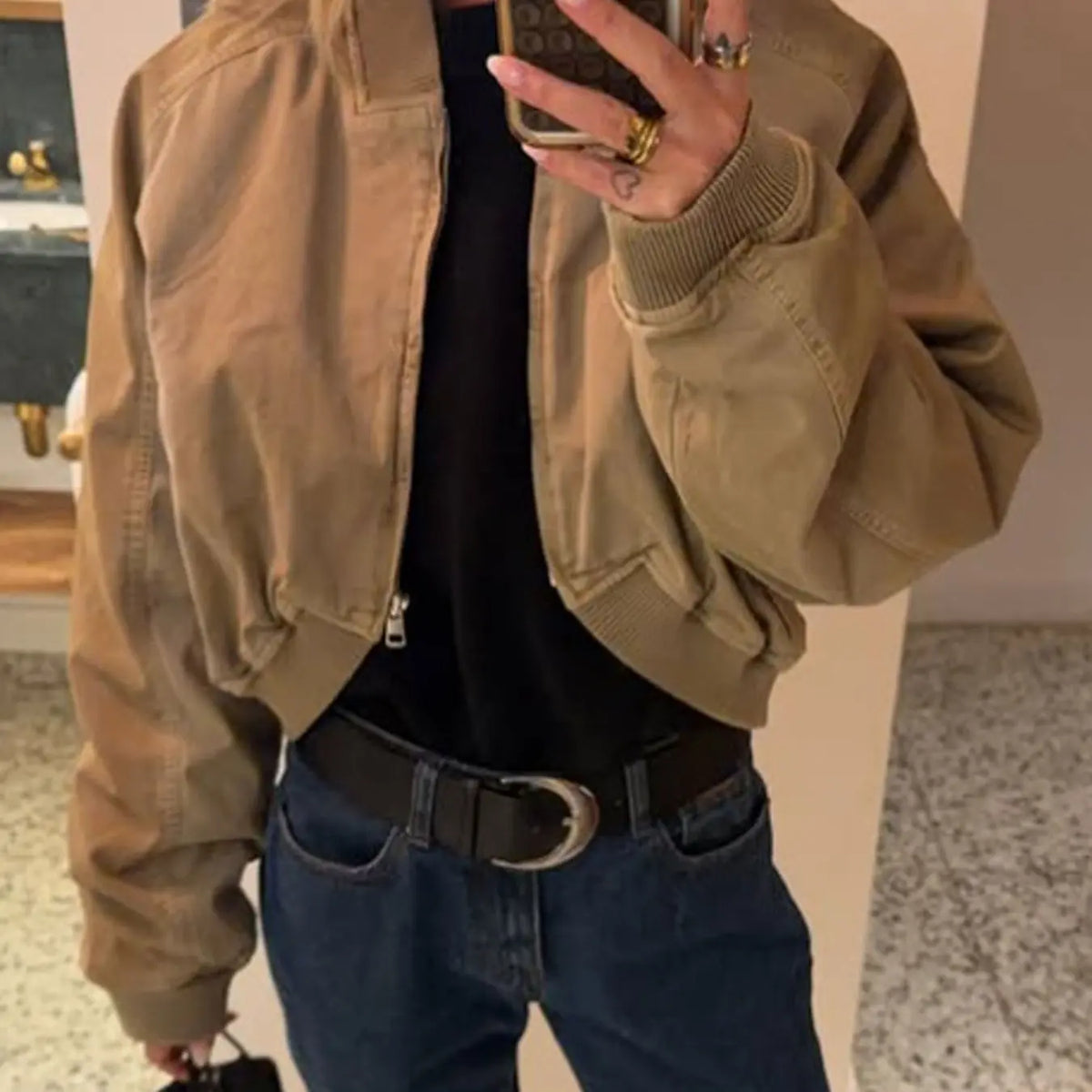 Olive Green Cropped Bomber Jacket for Women - Vintage Style Casual Outerwear with Ribbed Collar, Cuffs, Full Zip, and Side Pockets for Daily Streetwear Layering