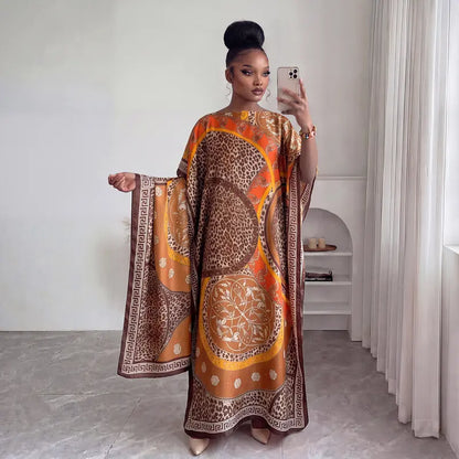 Women Printed Satin Abaya Set, Loose Batwing Sleeve Maxi Dress with Matching Long Scarf, Muslim Hijab Outfit, Islamic Dubai Kaftan for Party Daily Wear