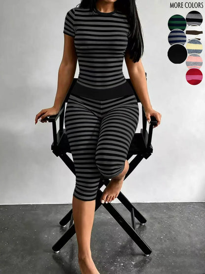 Yellow Grey Striped Two Piece Loungewear Set Crew Neck Short Sleeve Slim Crop Top High Waist Capri Leggings Stretch Fitted Matching Outfit Ideal for Home Relaxation Gym Training Grocery Runs and Casual Everyday All Season Comfy Outfits Stretchy Multicolor