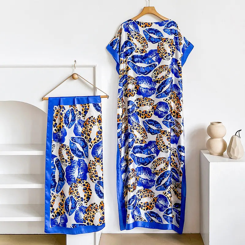 Women Printed Satin Abaya Set, Loose Batwing Sleeve Maxi Dress with Matching Long Scarf, Muslim Hijab Outfit, Islamic Dubai Kaftan for Party Daily Wear