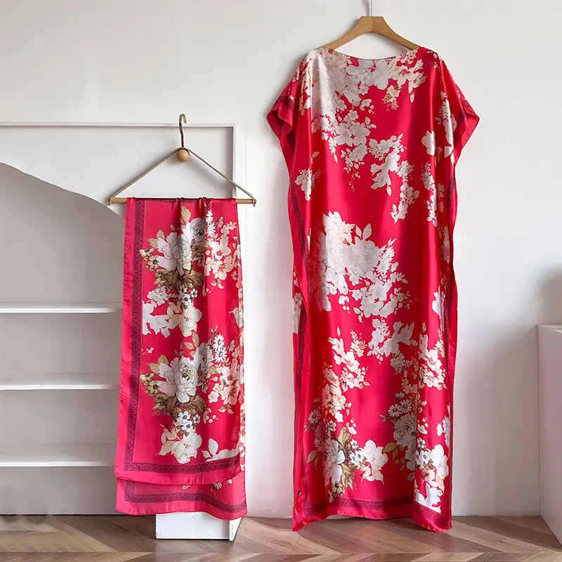 Women Printed Satin Abaya Set, Loose Batwing Sleeve Maxi Dress with Matching Long Scarf, Muslim Hijab Outfit, Islamic Dubai Kaftan for Party Daily Wear