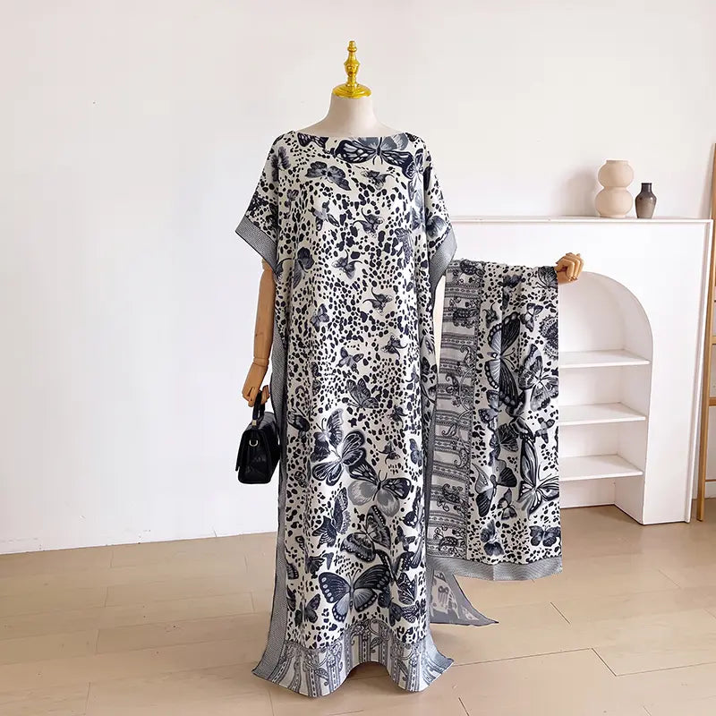 Women Printed Satin Abaya Set, Loose Batwing Sleeve Maxi Dress with Matching Long Scarf, Muslim Hijab Outfit, Islamic Dubai Kaftan for Party Daily Wear