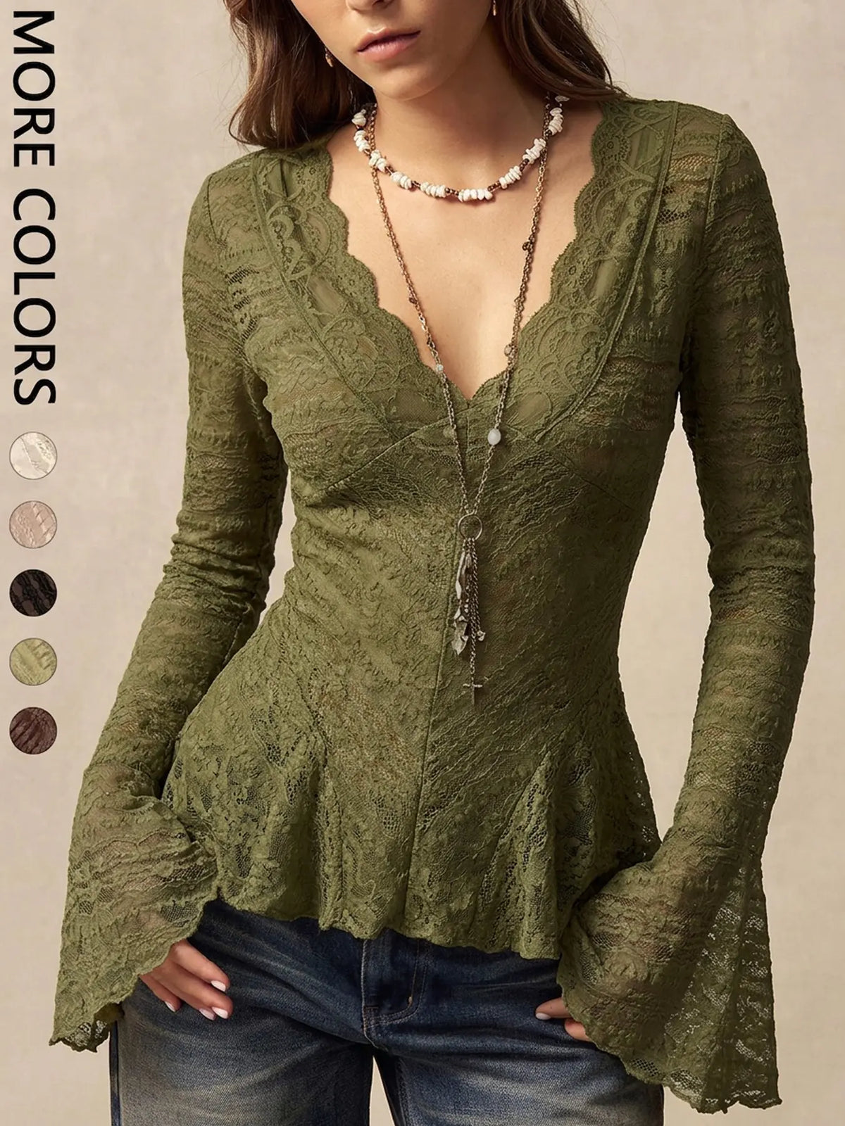 Women'S Wave Lace Trim V-Neck Shirt, Long Flared Sleeve Sheer Texture Ruffle Dress Top, Boho Vintage Elegant Layering Blouse, Perfect for Dates, Brunch, Streetwear, Vacation, Casual