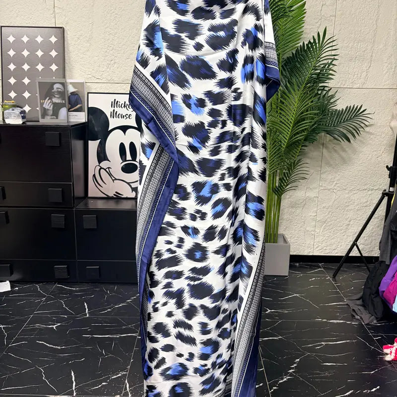 Women Printed Satin Abaya Set, Loose Batwing Sleeve Maxi Dress with Matching Long Scarf, Muslim Hijab Outfit, Islamic Dubai Kaftan for Party Daily Wear
