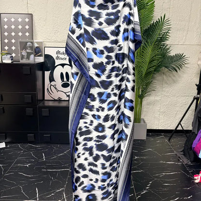 Women Printed Satin Abaya Set, Loose Batwing Sleeve Maxi Dress with Matching Long Scarf, Muslim Hijab Outfit, Islamic Dubai Kaftan for Party Daily Wear