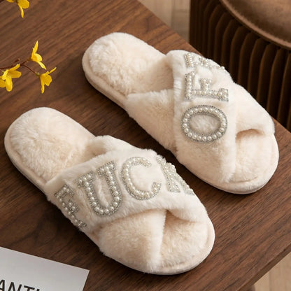 Pearl Drilled Letter off Women'S Plush Slippers Footwear, Comfortable Cross Strap Design, Memory Foam, Perfect Home Gift for Wife