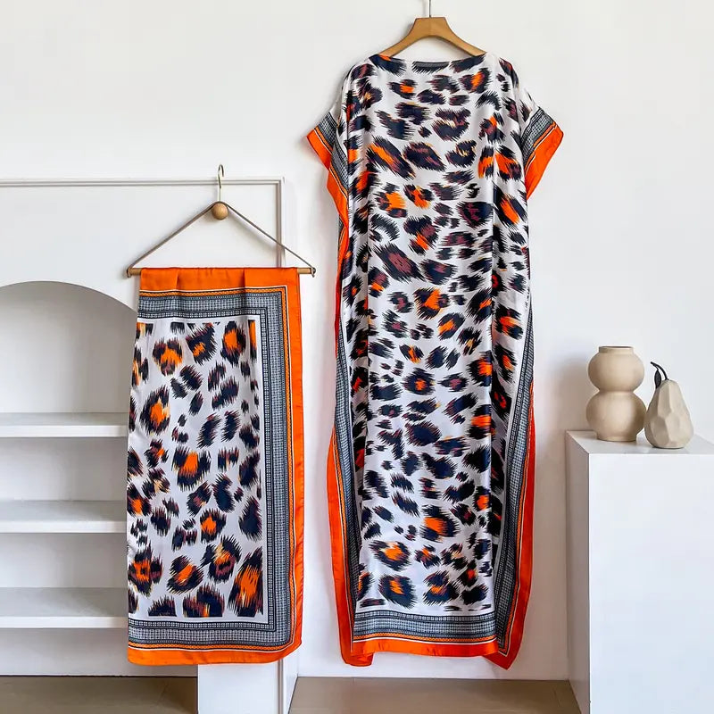 Women Printed Satin Abaya Set, Loose Batwing Sleeve Maxi Dress with Matching Long Scarf, Muslim Hijab Outfit, Islamic Dubai Kaftan for Party Daily Wear