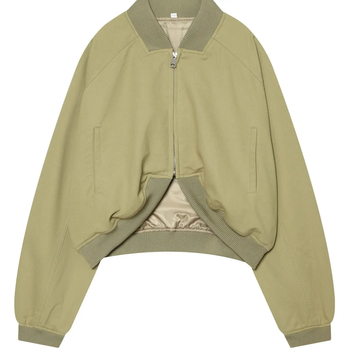 Olive Green Cropped Bomber Jacket for Women - Vintage Style Casual Outerwear with Ribbed Collar, Cuffs, Full Zip, and Side Pockets for Daily Streetwear Layering