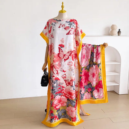 Women Printed Satin Abaya Set, Loose Batwing Sleeve Maxi Dress with Matching Long Scarf, Muslim Hijab Outfit, Islamic Dubai Kaftan for Party Daily Wear