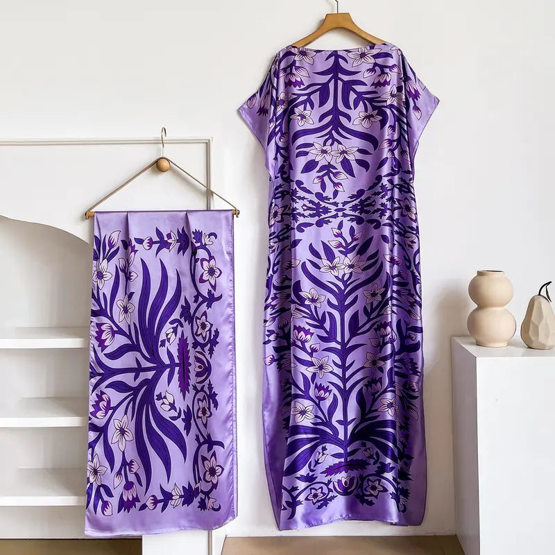 Women Printed Satin Abaya Set, Loose Batwing Sleeve Maxi Dress with Matching Long Scarf, Muslim Hijab Outfit, Islamic Dubai Kaftan for Party Daily Wear