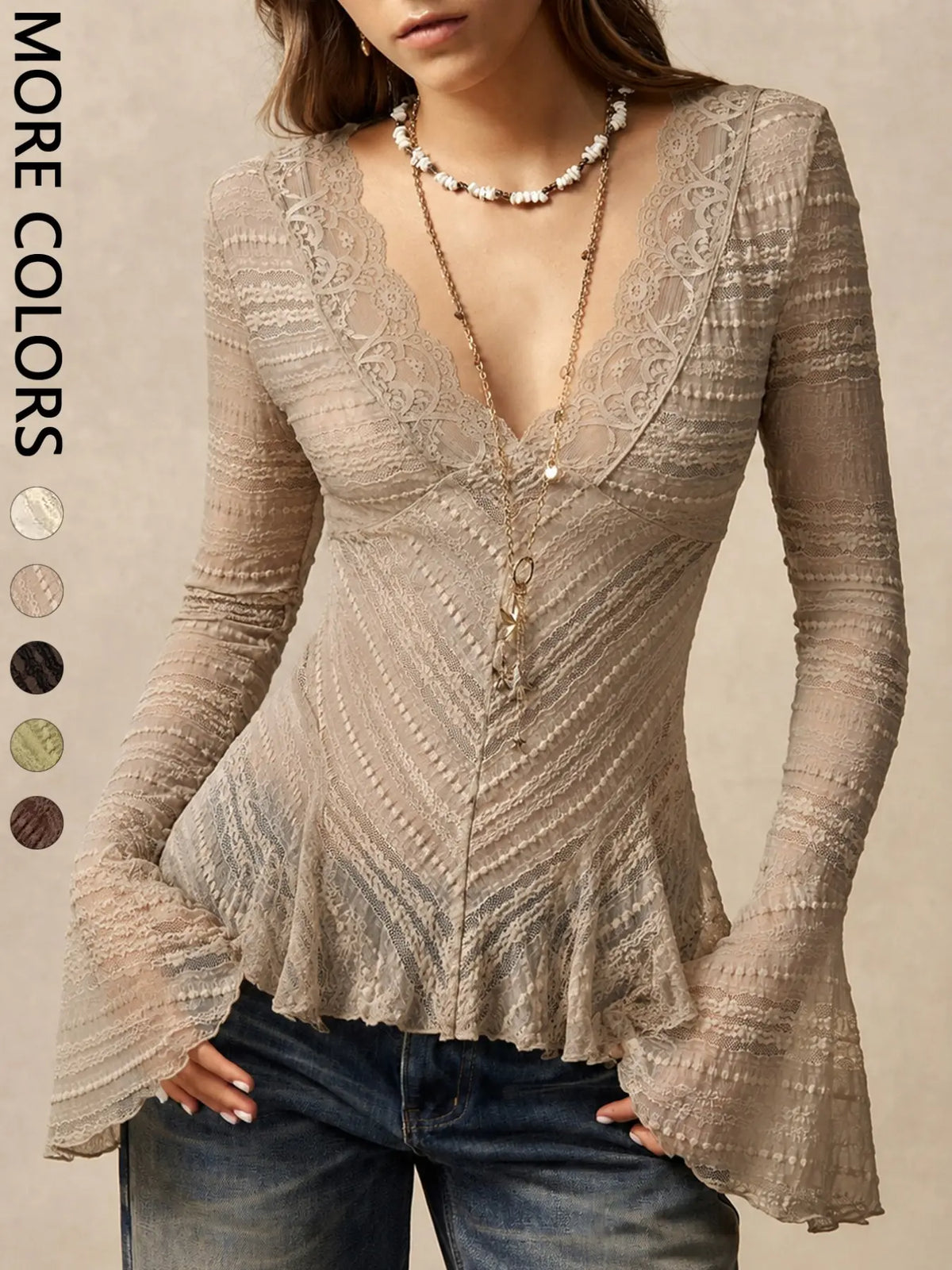 Women'S Wave Lace Trim V-Neck Shirt, Long Flared Sleeve Sheer Texture Ruffle Dress Top, Boho Vintage Elegant Layering Blouse, Perfect for Dates, Brunch, Streetwear, Vacation, Casual