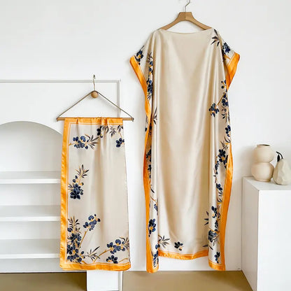 Women Printed Satin Abaya Set, Loose Batwing Sleeve Maxi Dress with Matching Long Scarf, Muslim Hijab Outfit, Islamic Dubai Kaftan for Party Daily Wear