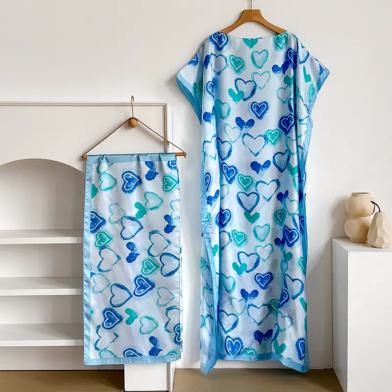 Women Printed Satin Abaya Set, Loose Batwing Sleeve Maxi Dress with Matching Long Scarf, Muslim Hijab Outfit, Islamic Dubai Kaftan for Party Daily Wear