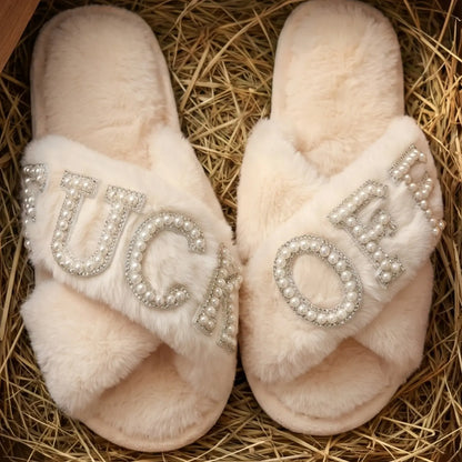 Pearl Drilled Letter off Women'S Plush Slippers Footwear, Comfortable Cross Strap Design, Memory Foam, Perfect Home Gift for Wife