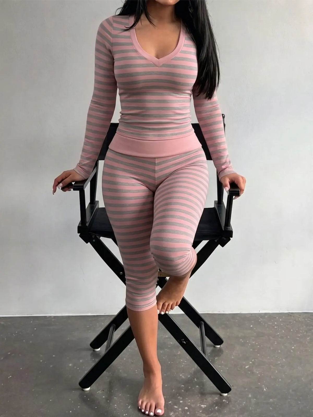 Yellow Grey Striped Two Piece Loungewear Set Crew Neck Short Sleeve Slim Crop Top High Waist Capri Leggings Stretch Fitted Matching Outfit Ideal for Home Relaxation Gym Training Grocery Runs and Casual Everyday All Season Comfy Outfits Stretchy Multicolor