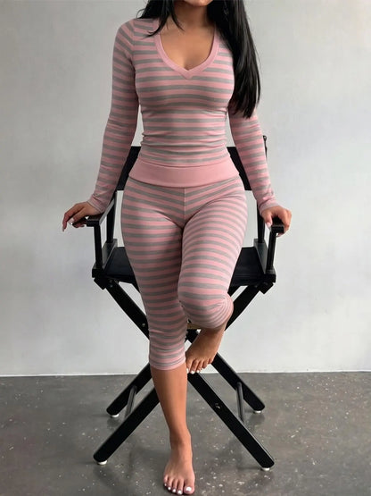 Yellow Grey Striped Two Piece Loungewear Set Crew Neck Short Sleeve Slim Crop Top High Waist Capri Leggings Stretch Fitted Matching Outfit Ideal for Home Relaxation Gym Training Grocery Runs and Casual Everyday All Season Comfy Outfits Stretchy Multicolor