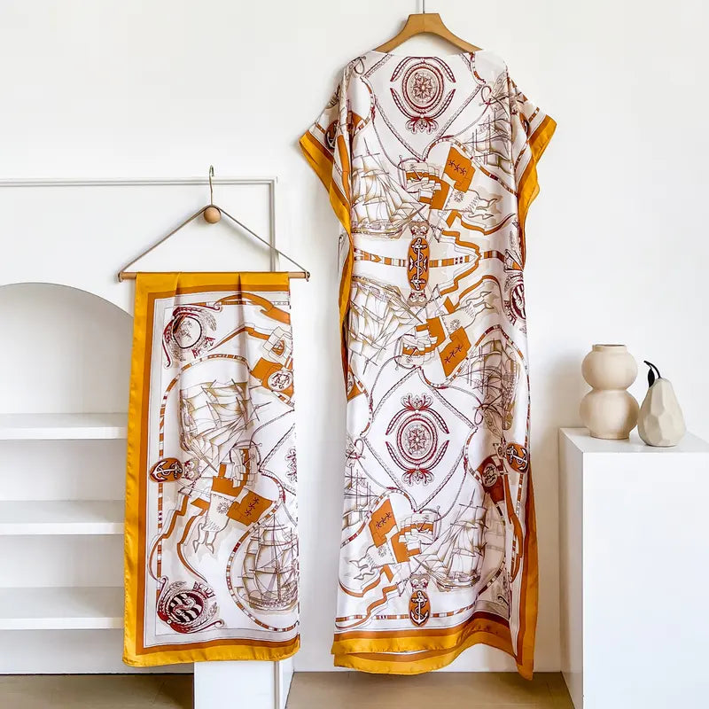 Women Printed Satin Abaya Set, Loose Batwing Sleeve Maxi Dress with Matching Long Scarf, Muslim Hijab Outfit, Islamic Dubai Kaftan for Party Daily Wear