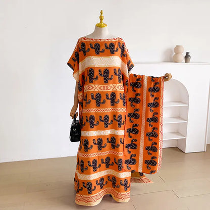 Women Printed Satin Abaya Set, Loose Batwing Sleeve Maxi Dress with Matching Long Scarf, Muslim Hijab Outfit, Islamic Dubai Kaftan for Party Daily Wear