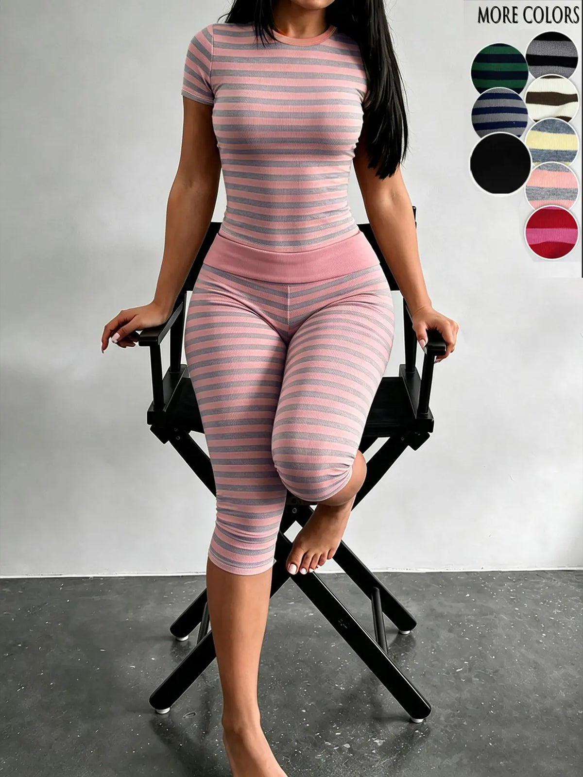 Yellow Grey Striped Two Piece Loungewear Set Crew Neck Short Sleeve Slim Crop Top High Waist Capri Leggings Stretch Fitted Matching Outfit Ideal for Home Relaxation Gym Training Grocery Runs and Casual Everyday All Season Comfy Outfits Stretchy Multicolor