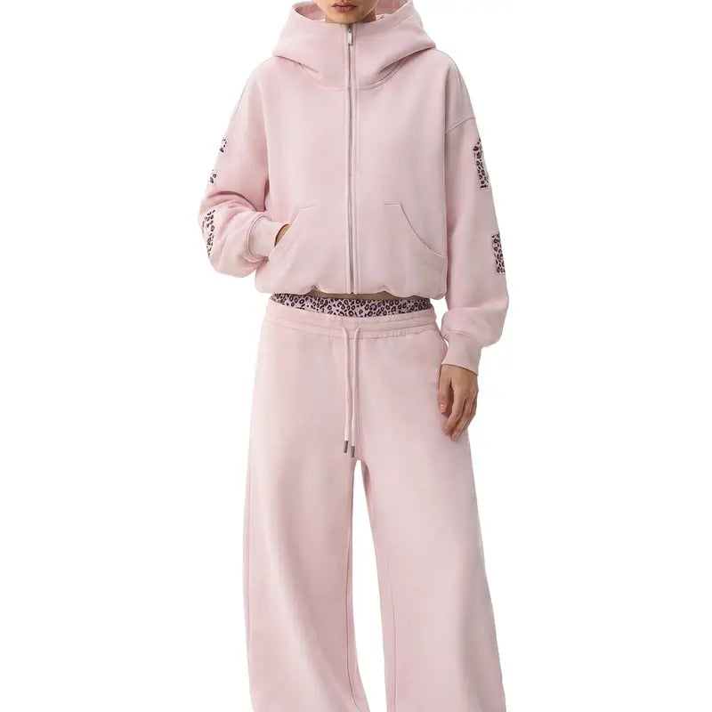 FDR Applique Letter Stand Collar Zip up Jacket & Leopard Panel Faux Two Piece Barrel Sweatpants Set Oversized Y2K Streetwear Unisex