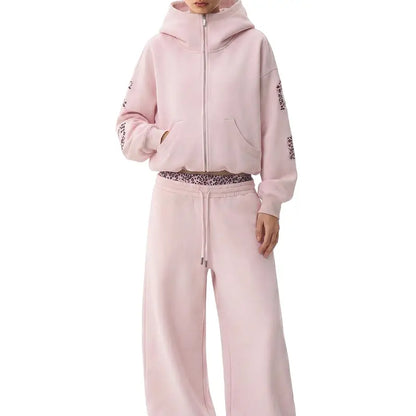 FDR Applique Letter Stand Collar Zip up Jacket & Leopard Panel Faux Two Piece Barrel Sweatpants Set Oversized Y2K Streetwear Unisex