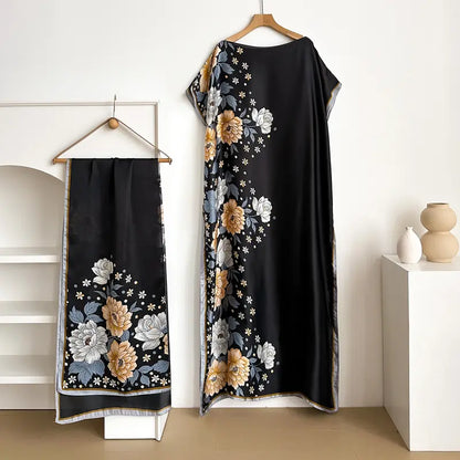 Women Printed Satin Abaya Set, Loose Batwing Sleeve Maxi Dress with Matching Long Scarf, Muslim Hijab Outfit, Islamic Dubai Kaftan for Party Daily Wear