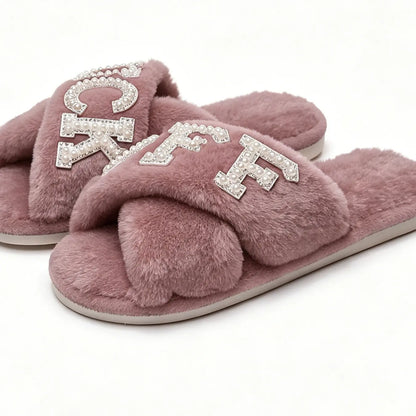 Pearl Drilled Letter off Women'S Plush Slippers Footwear, Comfortable Cross Strap Design, Memory Foam, Perfect Home Gift for Wife
