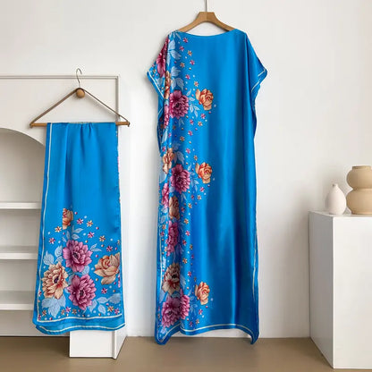 Women Printed Satin Abaya Set, Loose Batwing Sleeve Maxi Dress with Matching Long Scarf, Muslim Hijab Outfit, Islamic Dubai Kaftan for Party Daily Wear