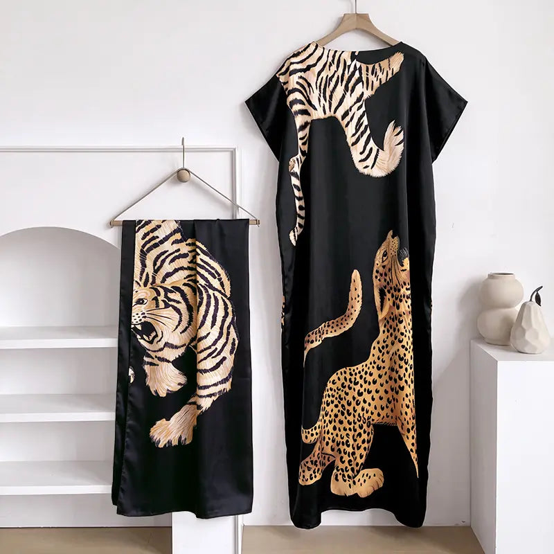 Women Printed Satin Abaya Set, Loose Batwing Sleeve Maxi Dress with Matching Long Scarf, Muslim Hijab Outfit, Islamic Dubai Kaftan for Party Daily Wear